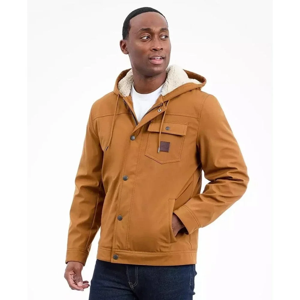 Lucky Brand Mens Tobacco Brown Hooded Canvas Jacket Faux Fur Sherpa KNR30652 XL